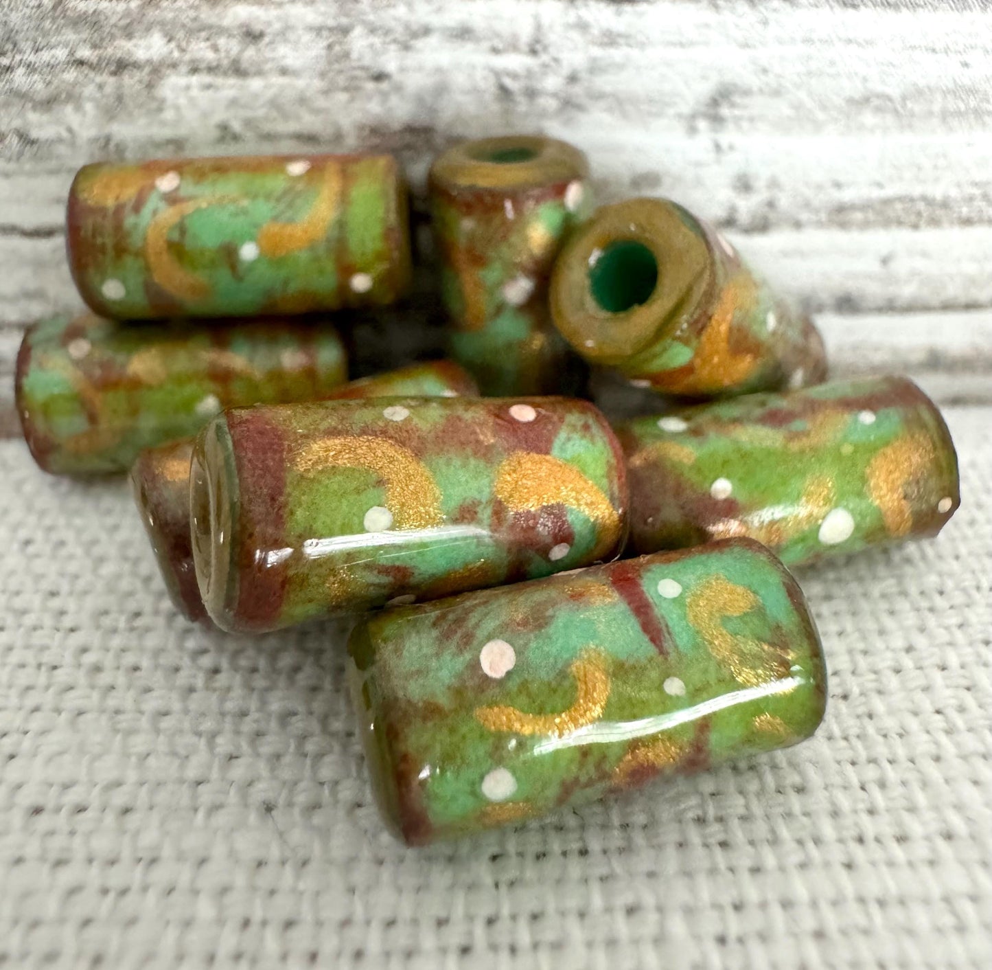 Vintage Style Christmas Holiday Beads Rustic Green Red Gold Beads Hand Painted Artist Beads