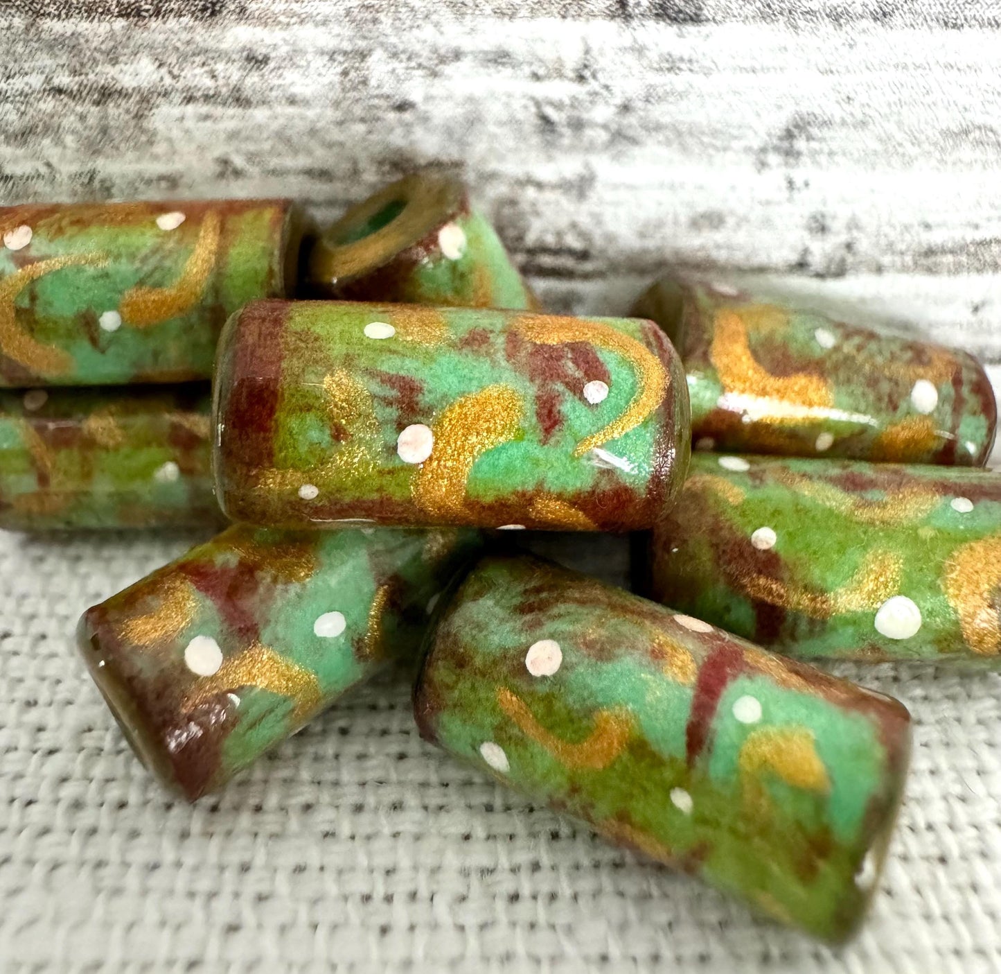 Vintage Style Christmas Holiday Beads Rustic Green Red Gold Beads Hand Painted Artist Beads