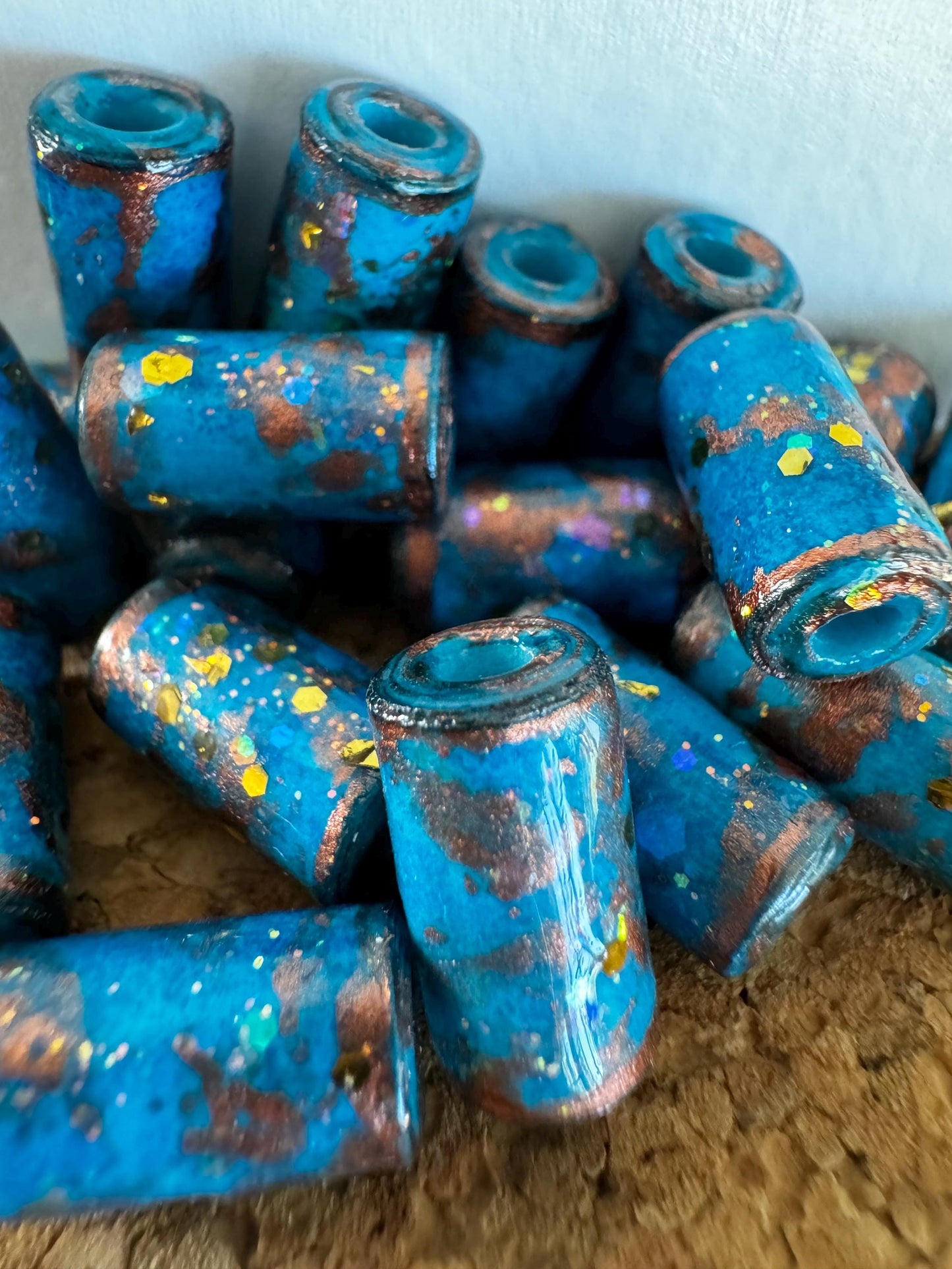 Artist Beads Teal Copper Gold Handmade Handpainted For Jewelry Crafts Pillows Decor