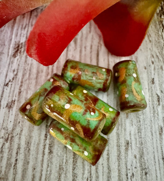 Vintage Style Christmas Holiday Beads Rustic Green Red Gold Beads Hand Painted Artist Beads