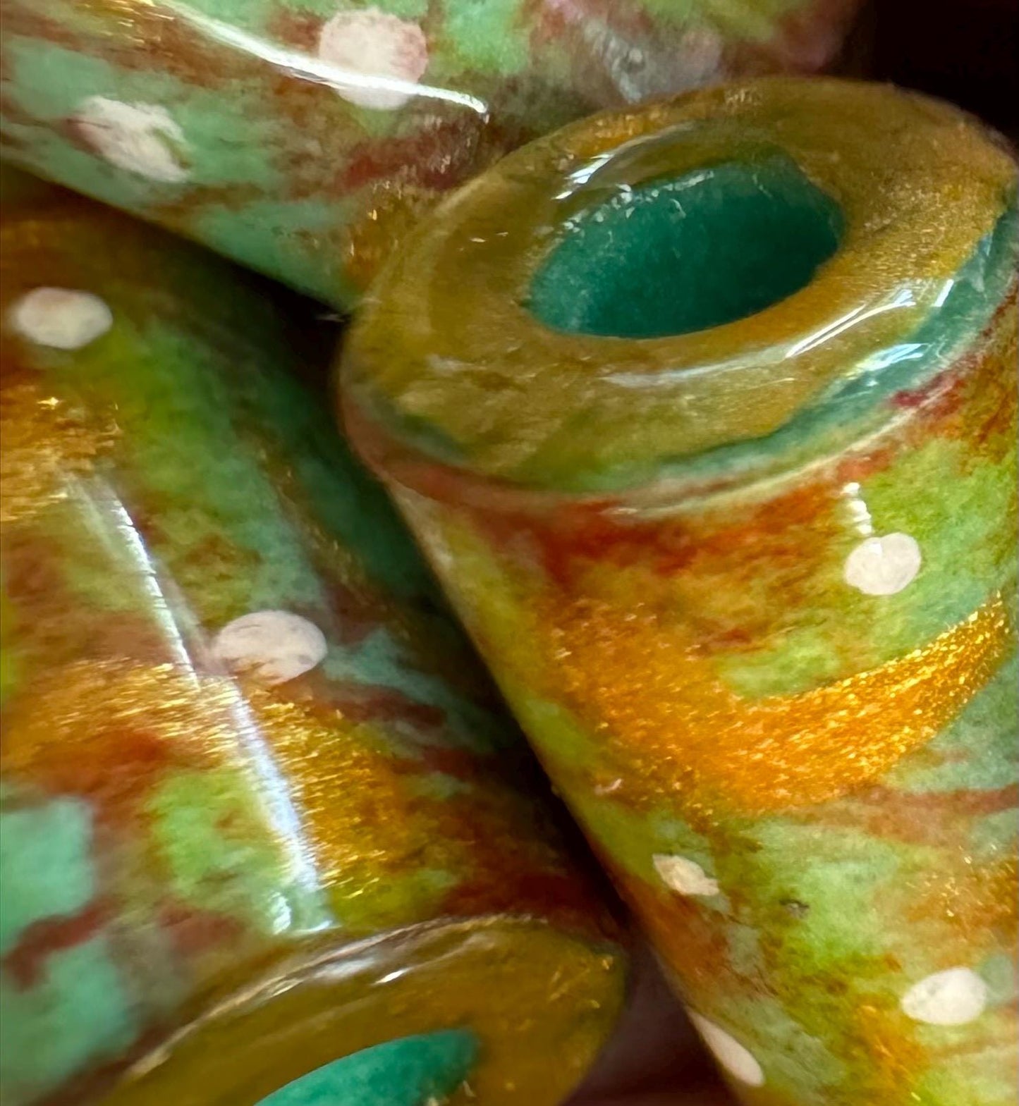 Vintage Style Christmas Holiday Beads Rustic Green Red Gold Beads Hand Painted Artist Beads