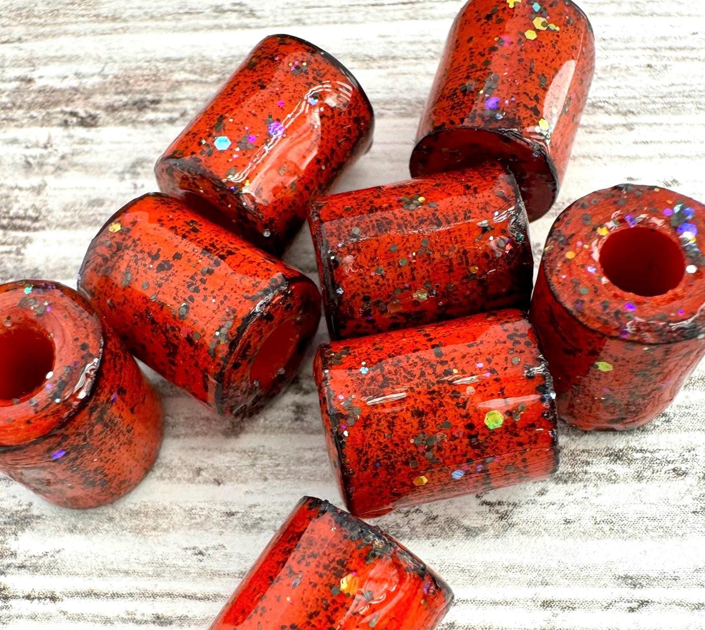 Large Halloween Beads Rustic Resin Orange Black Glitter Beads 8 Pcs