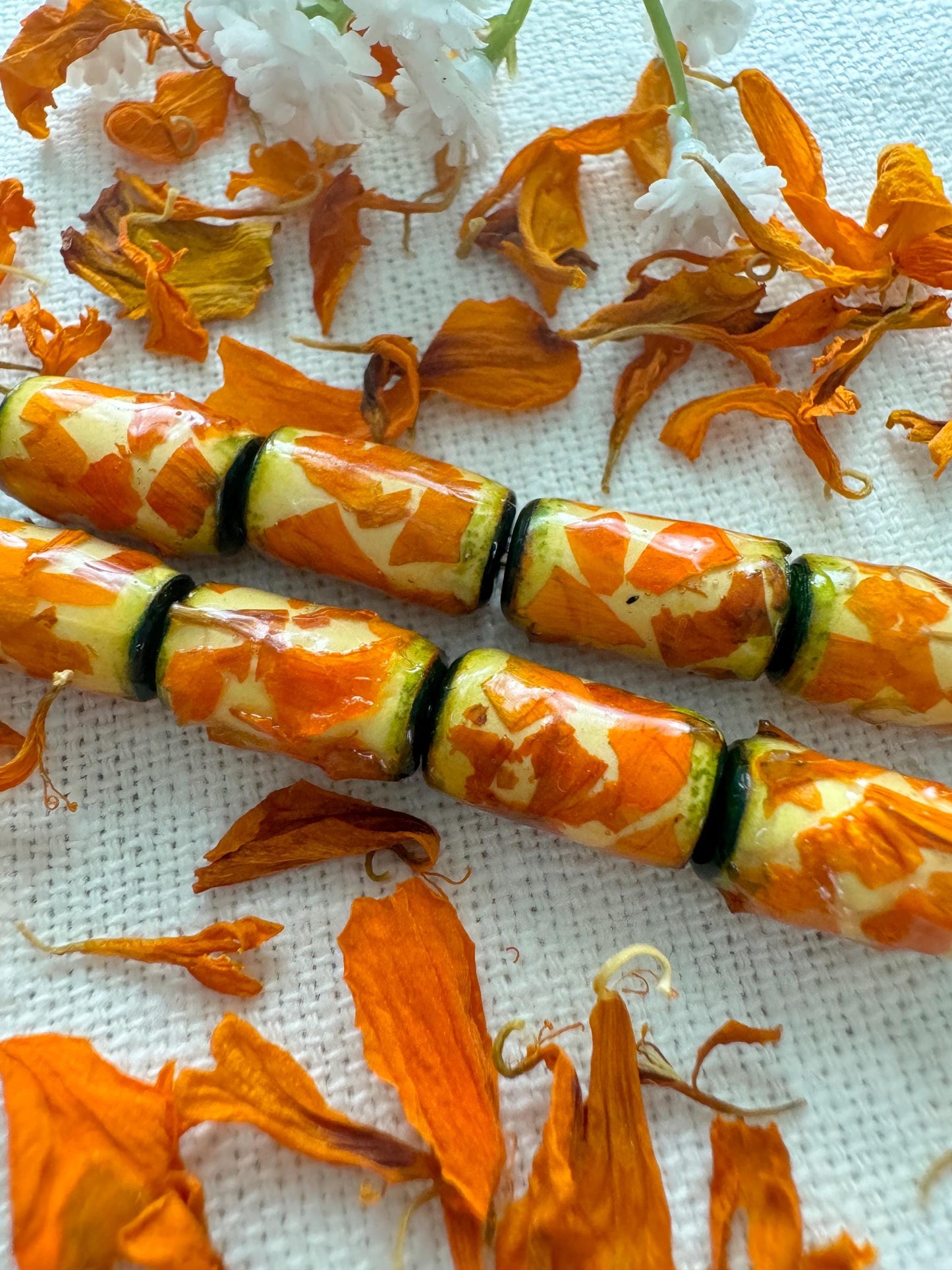 Chunky Textured Dried Marigold Beads Orange Green Fall Farmhouse Rustic Botanical Beads
