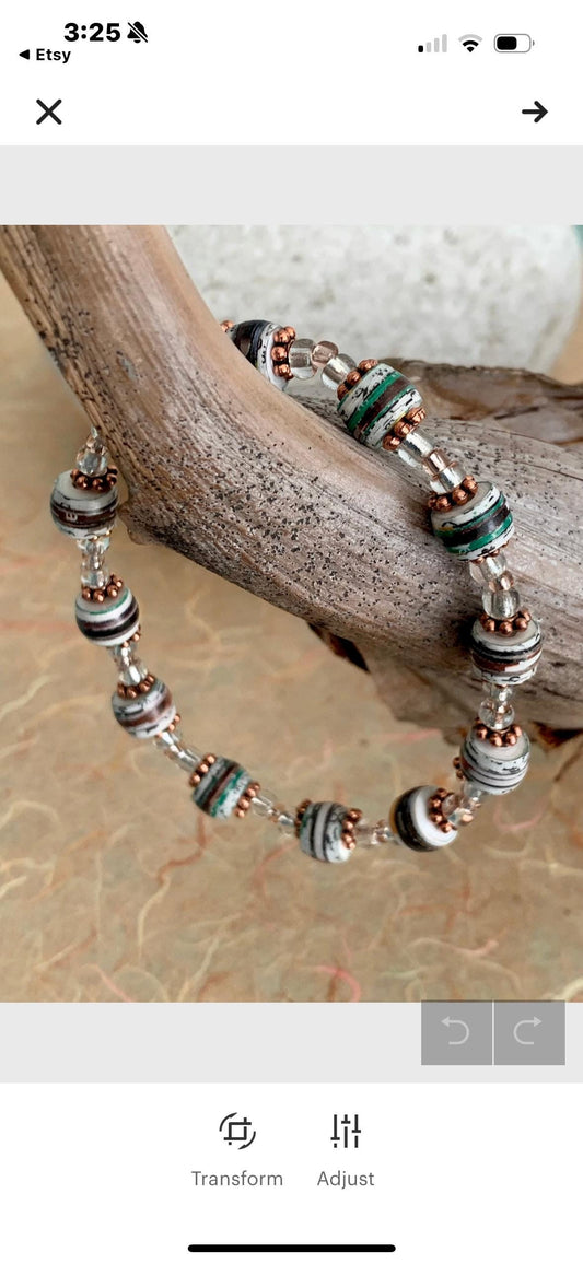 Rustic Zen Green and Bronze Beaded Stretch Bracelet.