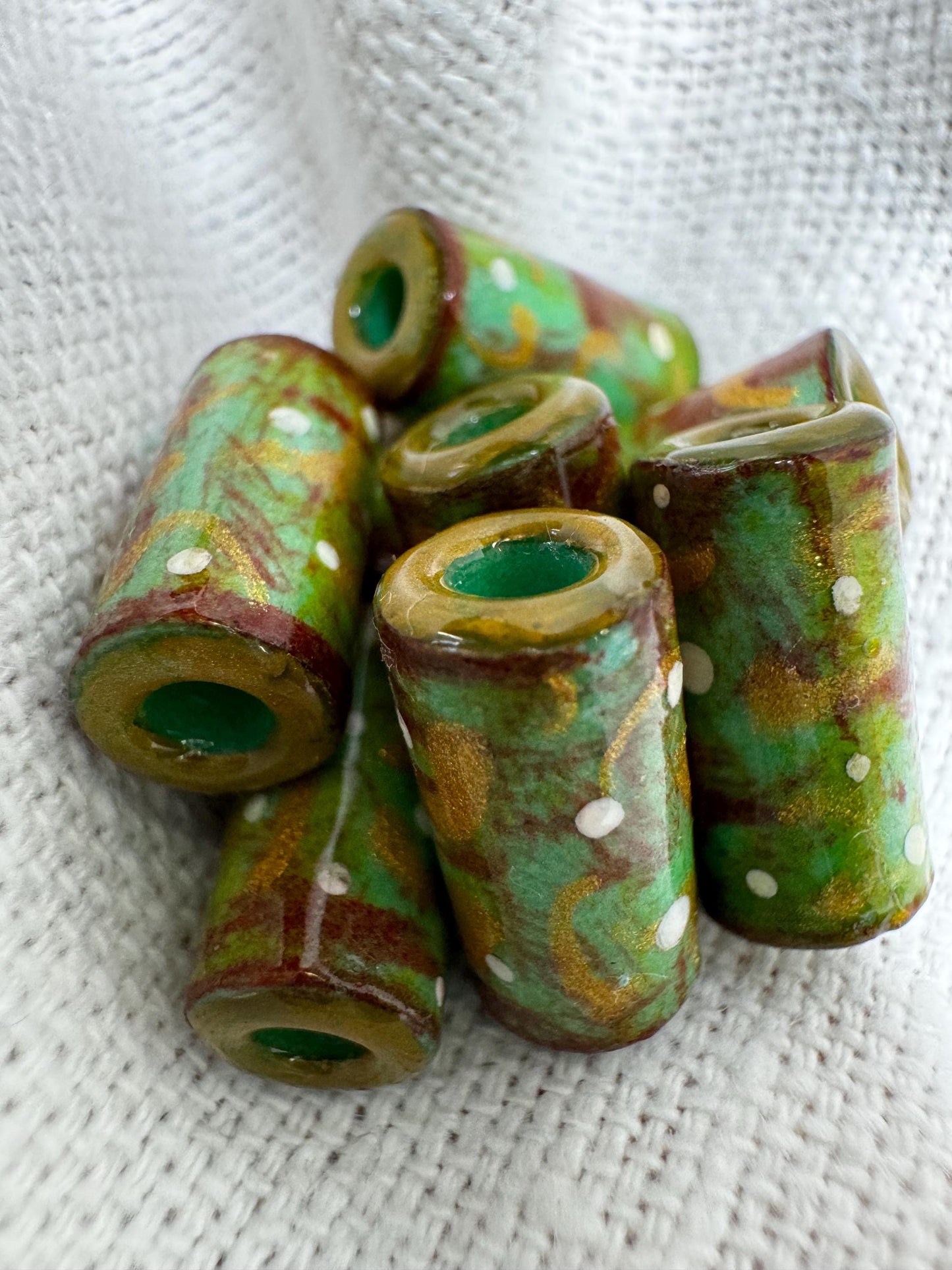Vintage Style Christmas Holiday Beads Rustic Green Red Gold Beads Hand Painted Artist Beads